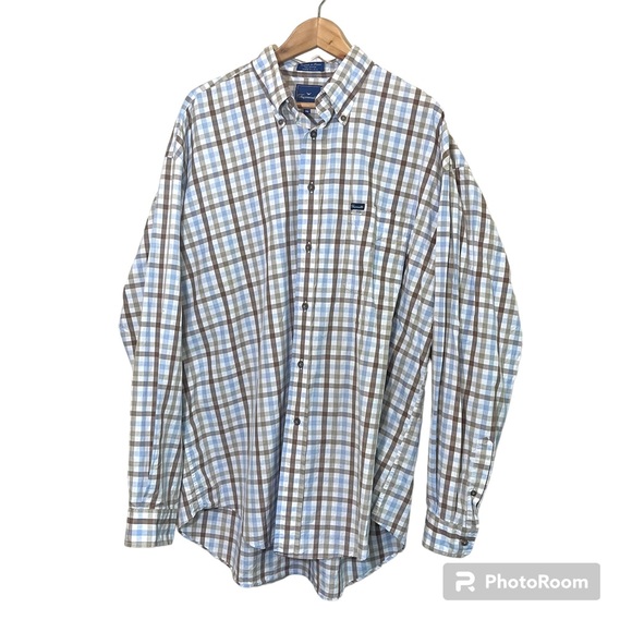Façonnable Men’s Check Plaid Button Up Shirt - Brown Blue White - Picture 1 of 12